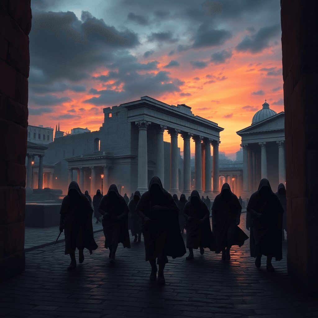 Ancient Roman city at dusk with shadowy figures in togas on cobblestone streets, iconic arches and columns under a moody sky, evoking espionage and...
