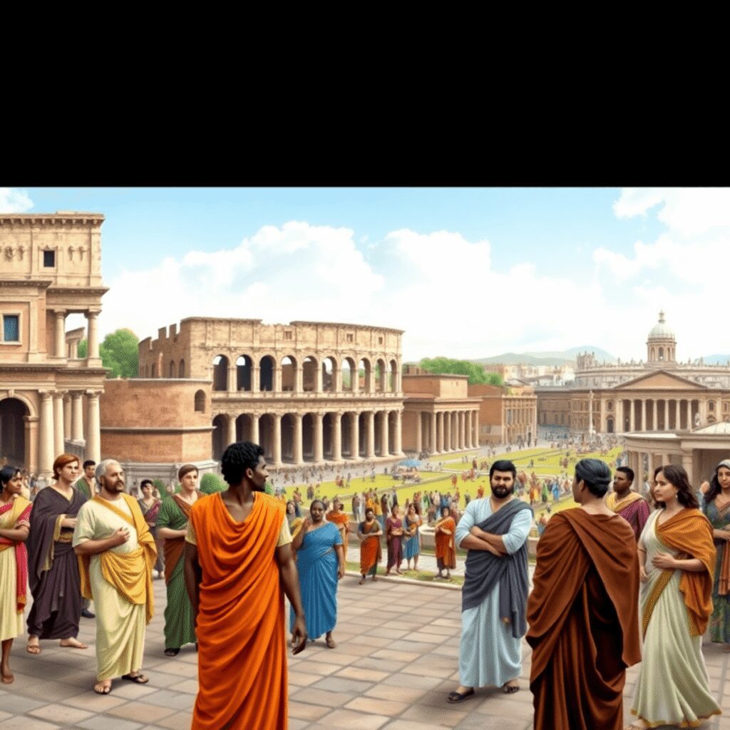 Ancient Roman cityscape with Colosseum and Forum, diverse people in traditional Roman attire interacting peacefully, highlighting cultural harmony ...