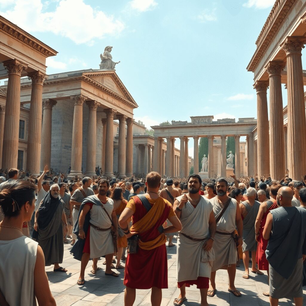 Ancient Roman forum with plebeian men in tunics among grand columns and statues under a bright Mediterranean sky, symbolizing political change.