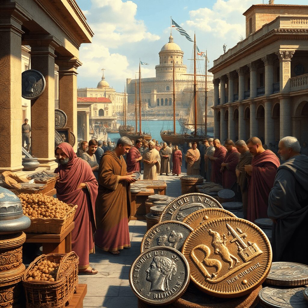How Ancient Romans Built Insurance Systems for Merchants and Travelers Ancient Roman marketplace with merchants trading goods and coins, set against Roman buildings and ships at a busy Mediterranean port.