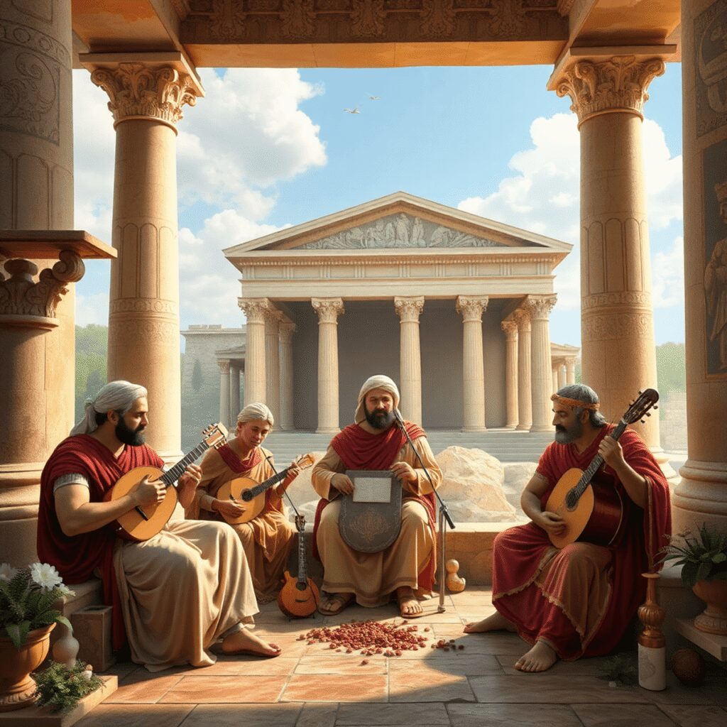 Exploring the Role of Music Therapy in Ancient Roman Healing Practices Ancient Roman musicians playing traditional instruments in a healing temple with health symbols and classical architecture in the background.