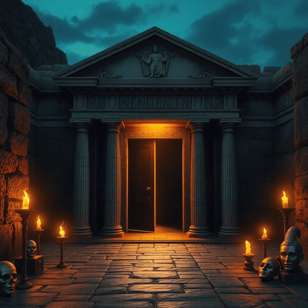 Ancient Roman temple entrance at dusk lit by torches, surrounded by keys and masks symbolizing mystery and ancient rituals.