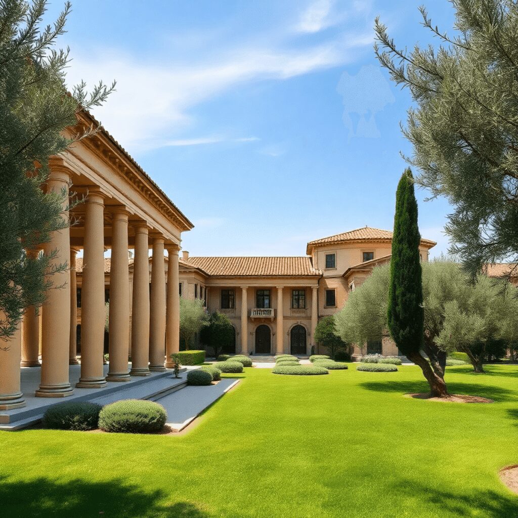 Ancient Roman villa with columns and terracotta roofs, surrounded by olive trees and greenery under a clear blue sky.