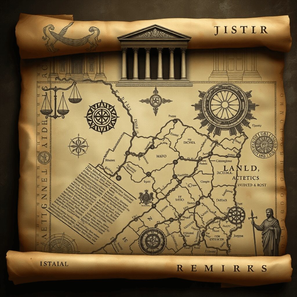 Ancient scroll with cryptic symbols, maps, Roman architecture, and classical gods symbolizing power, justice, and wisdom in a realistic style.