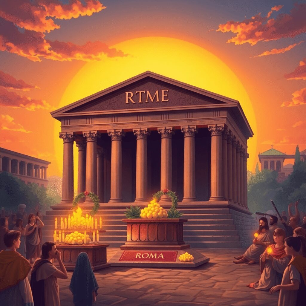 Rome’s Most Unusual Religious Festivals You’ve Never Heard Of Artistic illustration of ancient Roman religious festivals with temples, ceremonial altars, laurel wreaths, and torches against a warm sunset backg...