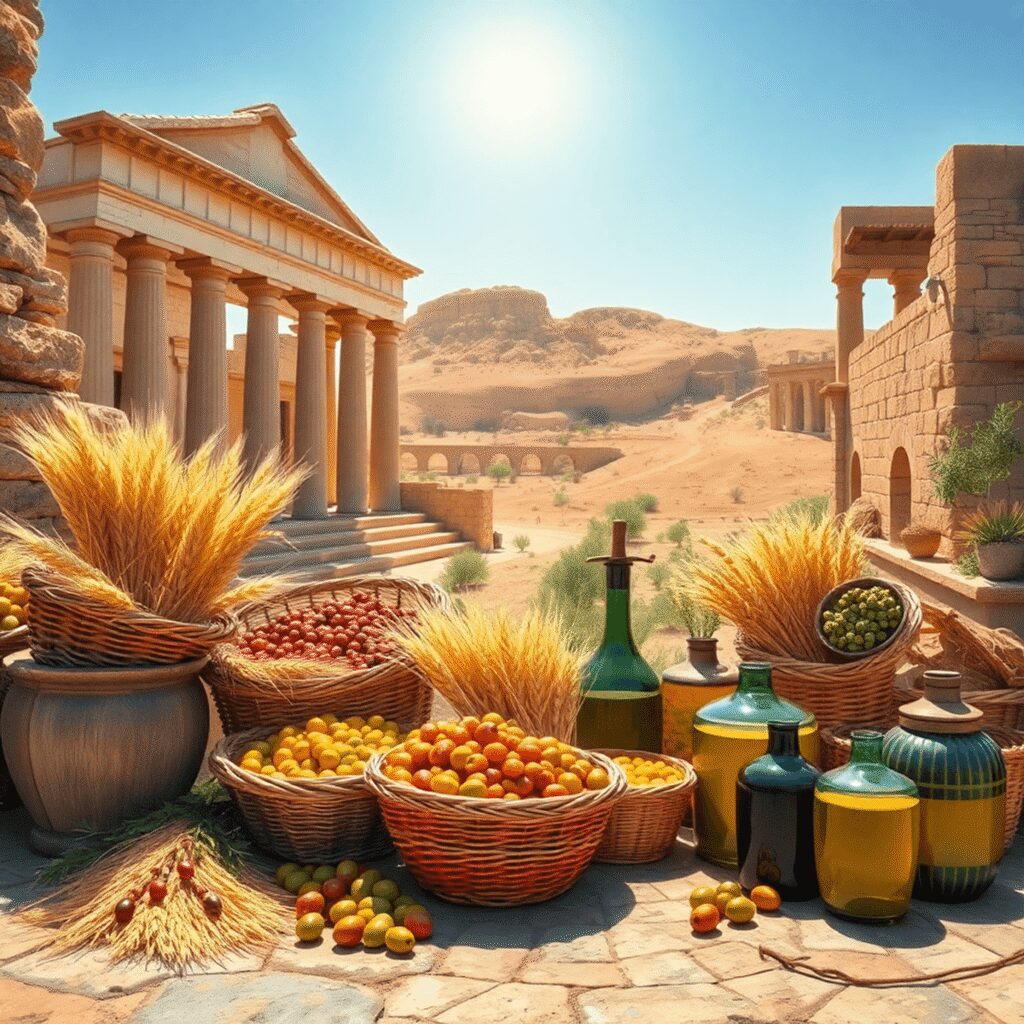Unraveling the Culinary Influence of North Africa on Roman Cuisine Trends Today Bustling Mediterranean market with baskets of wheat, barley, olives, olive oil jars, ancient Roman buildings, and a sunny North African desert back...