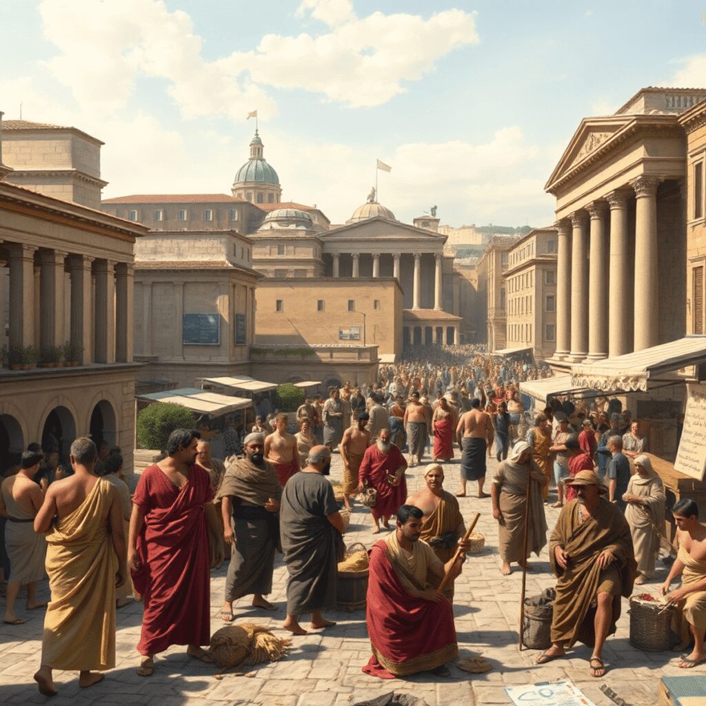 Bustling ancient Roman marketplace with traders and craftsmen amid classical architecture and roads under a clear sky, symbolizing growth and conne...