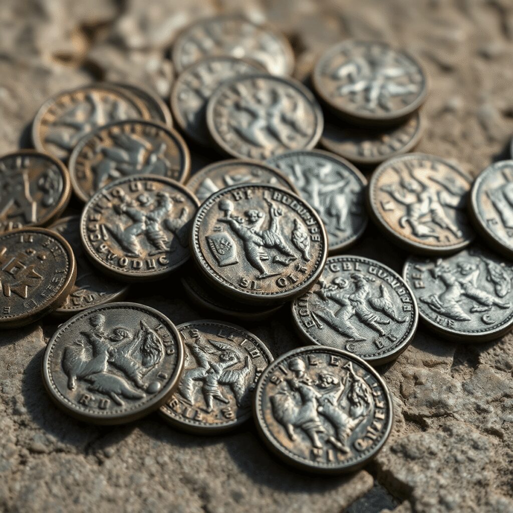 Roman Currency Counterfeiting: Crime, Punishment, and Economic Impact Close-up of worn ancient Roman coins with detailed engravings scattered on a textured stone surface.