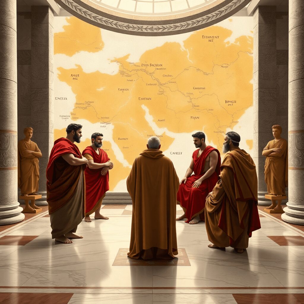 Roman Diplomats: Negotiating Peace and War Across the Empire Diplomats in a grand marble hall with olive branches, laurel wreaths, and an abstract Roman Empire map in warm classical tones.