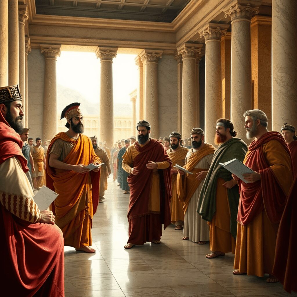 Freedmen in Roman attire discussing and recording in a marble hall with columns and arches, bathed in warm sunlight.