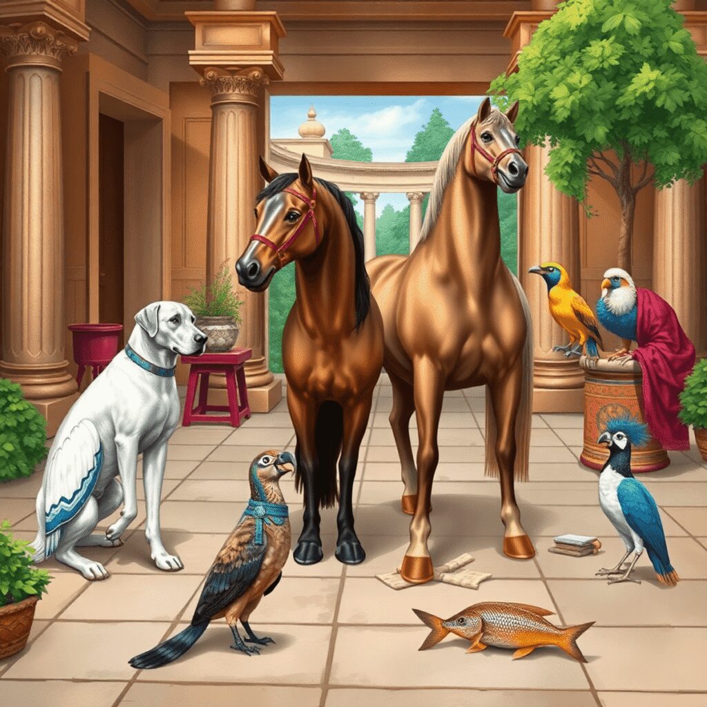 Ancient Roman Pet Culture: From Guard Dogs to Exotic Status Symbols Illustration of ancient Roman pets—guard dog, horse, exotic birds, and fish—in a Roman household and garden with classical architecture in the back...