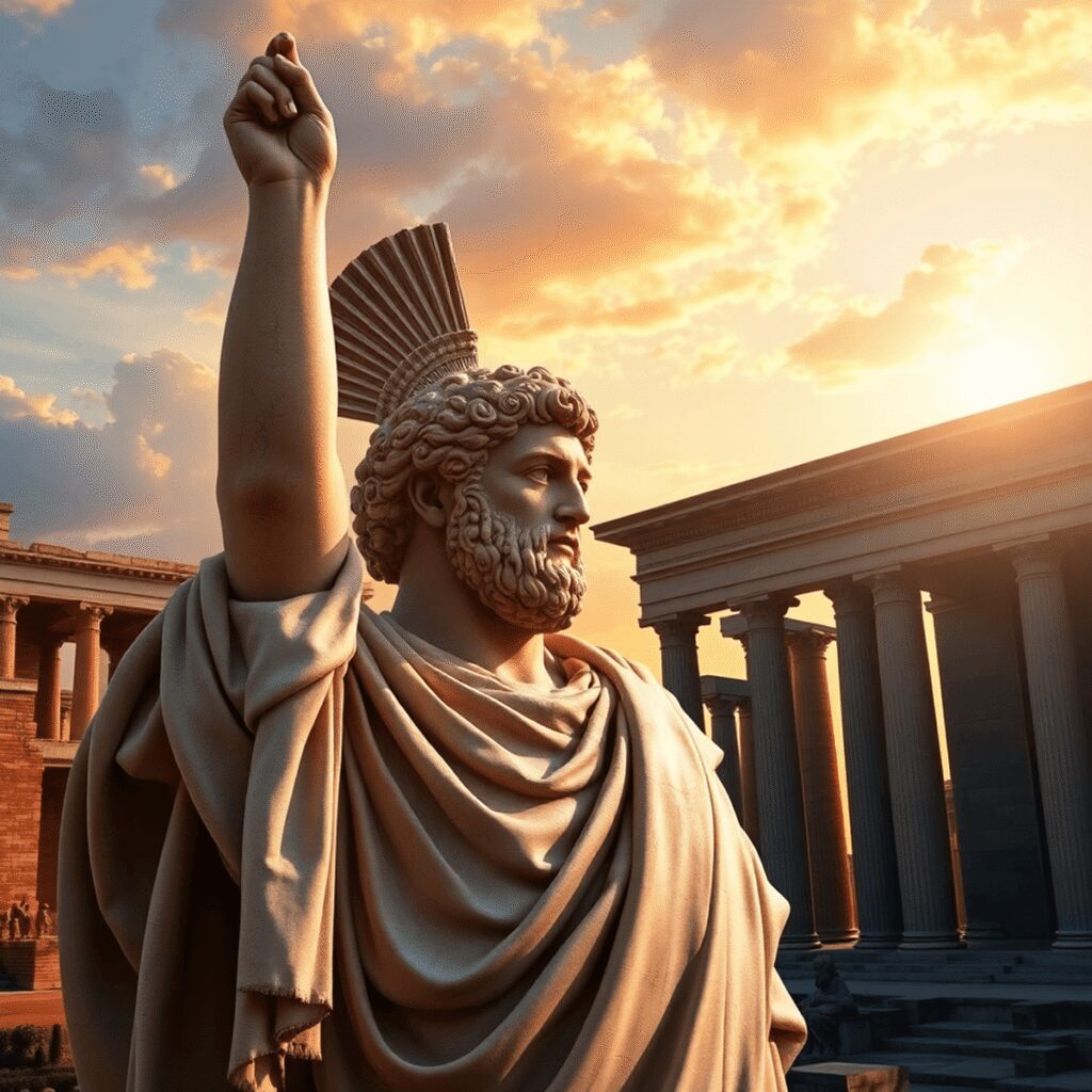 The Rise and Legacy of Roman Dictators: From Sulla to Caesar Marble statue of a Roman dictator in toga stands before the Roman Forum with columns and arches at sunset, symbolizing power and legacy.