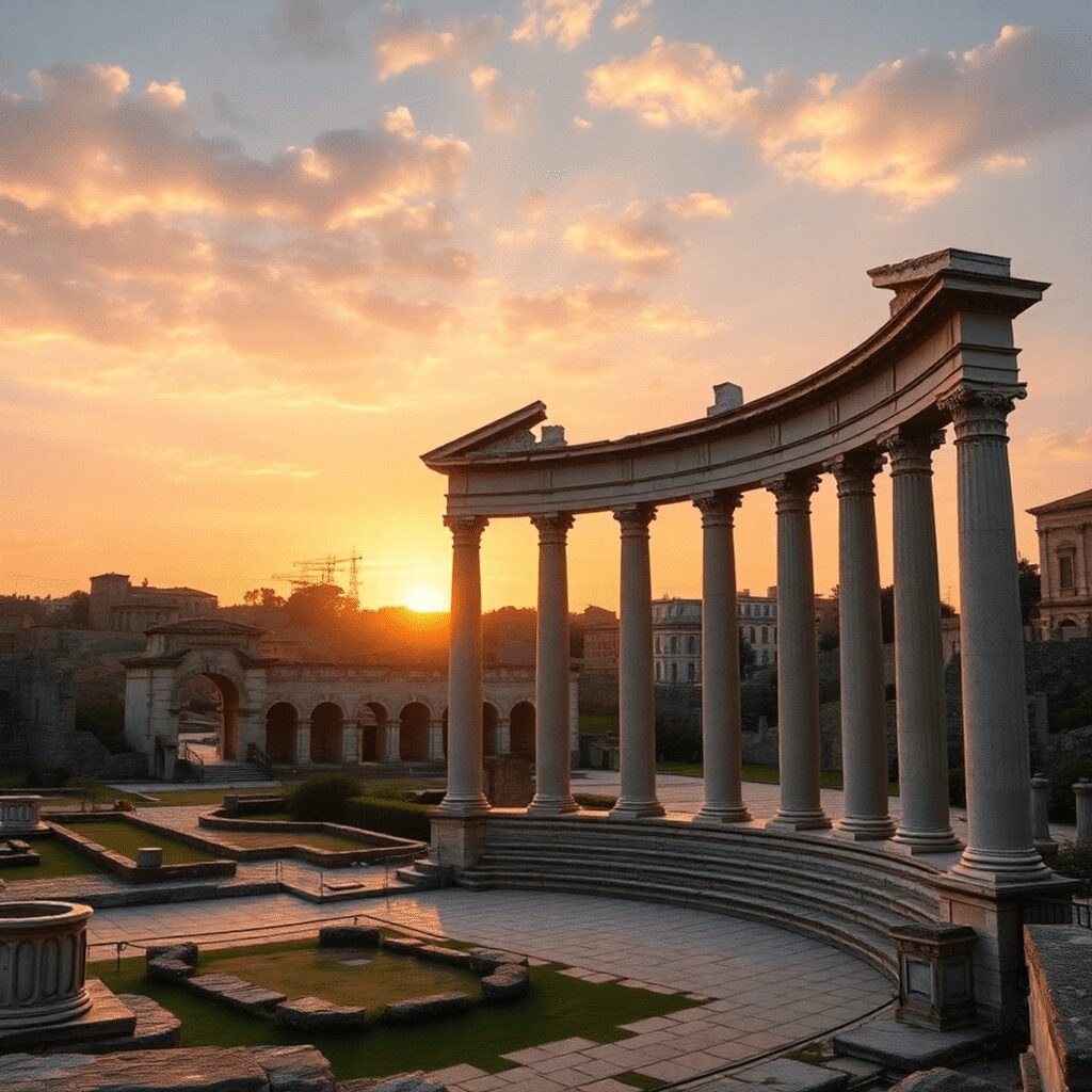 Panoramic view of ancient Roman Forum ruins at sunset with grand stone columns, arches, and open public spaces.