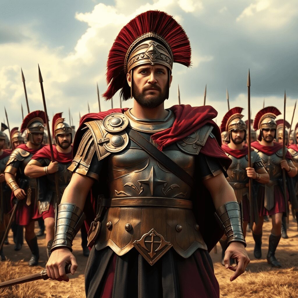 How Roman Generals Won Loyalty: Leadership Lessons from the Ancient World Roman general in full armor leading disciplined soldiers into battle on an ancient battlefield under a dramatic sky, showcasing leadership and unity.