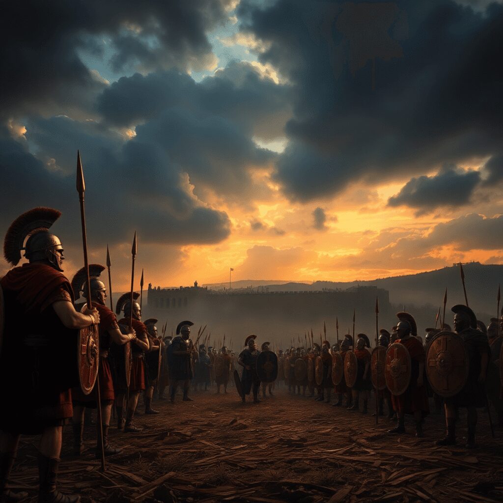 The Crisis of the Third Century: Emperors Who Tried to Save Rome Roman soldiers in armor stand on a battlefield at dusk with a distant city wall, stormy skies, and rays of sunlight breaking through clouds.