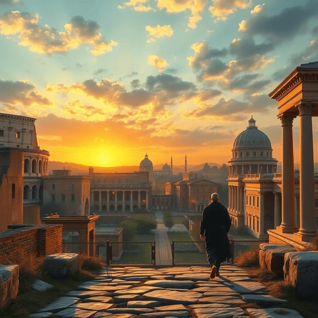 Sunset over ancient Roman cityscape with Colosseum, Roman Forum, and a lone figure walking away from city gates symbolizing exile.