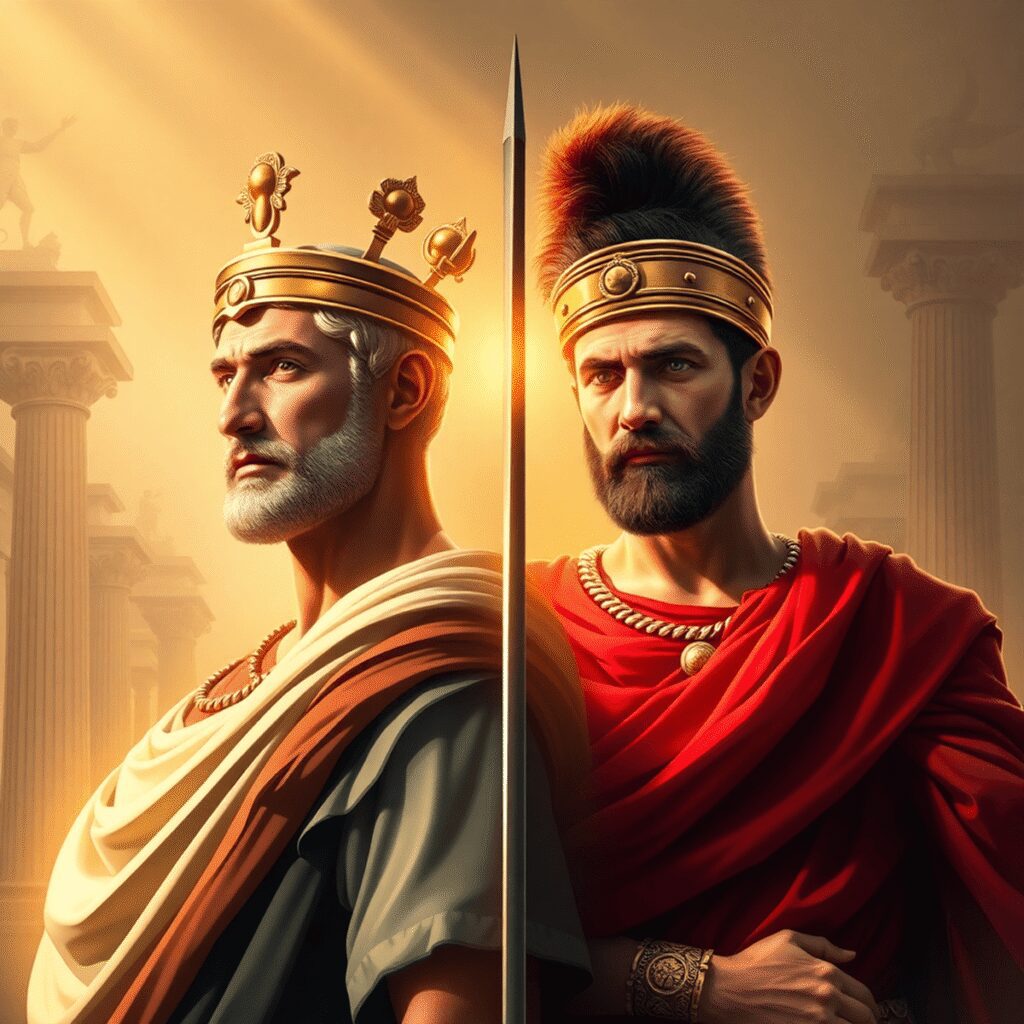 Two Roman emperors side by side: one calm and wise in traditional attire, the other vibrant and impulsive, set against ancient architecture with wa...