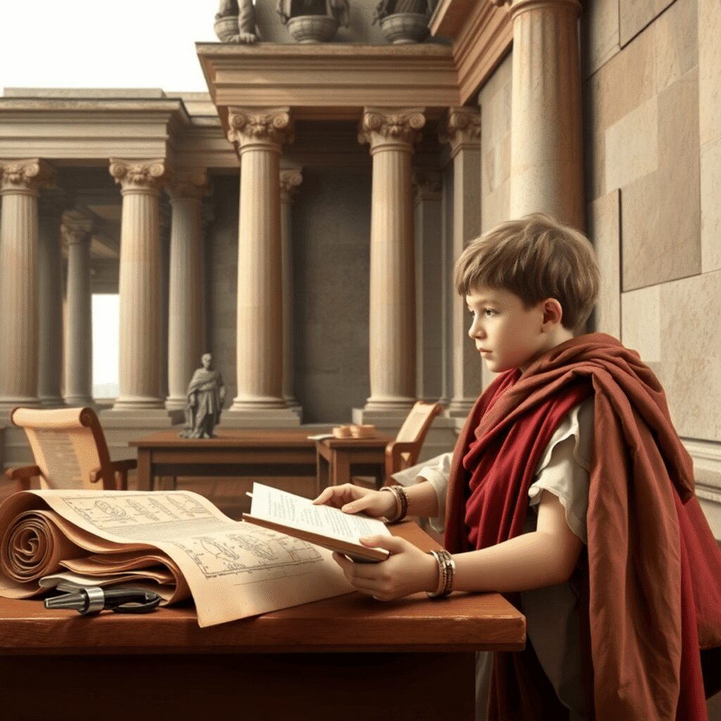 Young boy in Roman attire learning from tutor among scrolls and classical Roman architecture in a realistic ancient classroom scene.