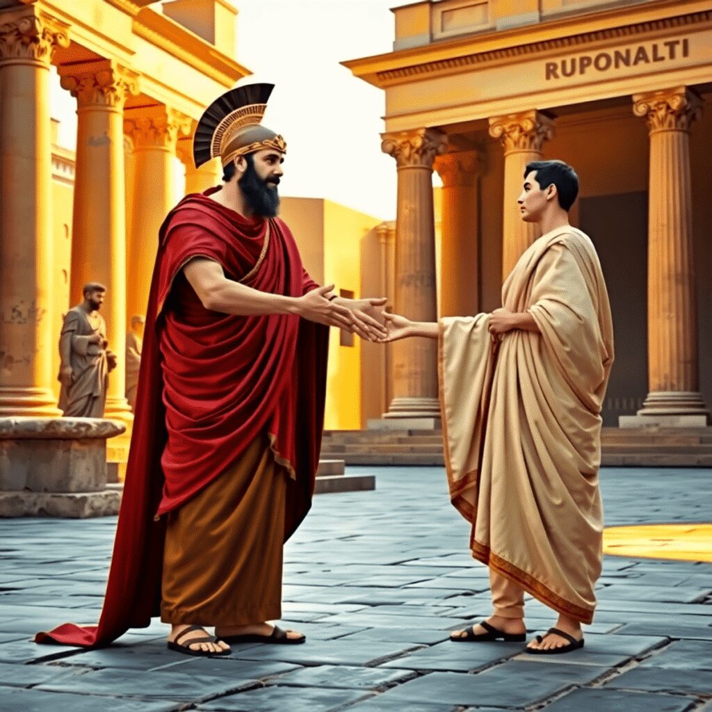 A Roman patron in toga extends a hand to a client in simpler attire amid a sunlit forum with classical columns, symbolizing loyalty and social bonds.