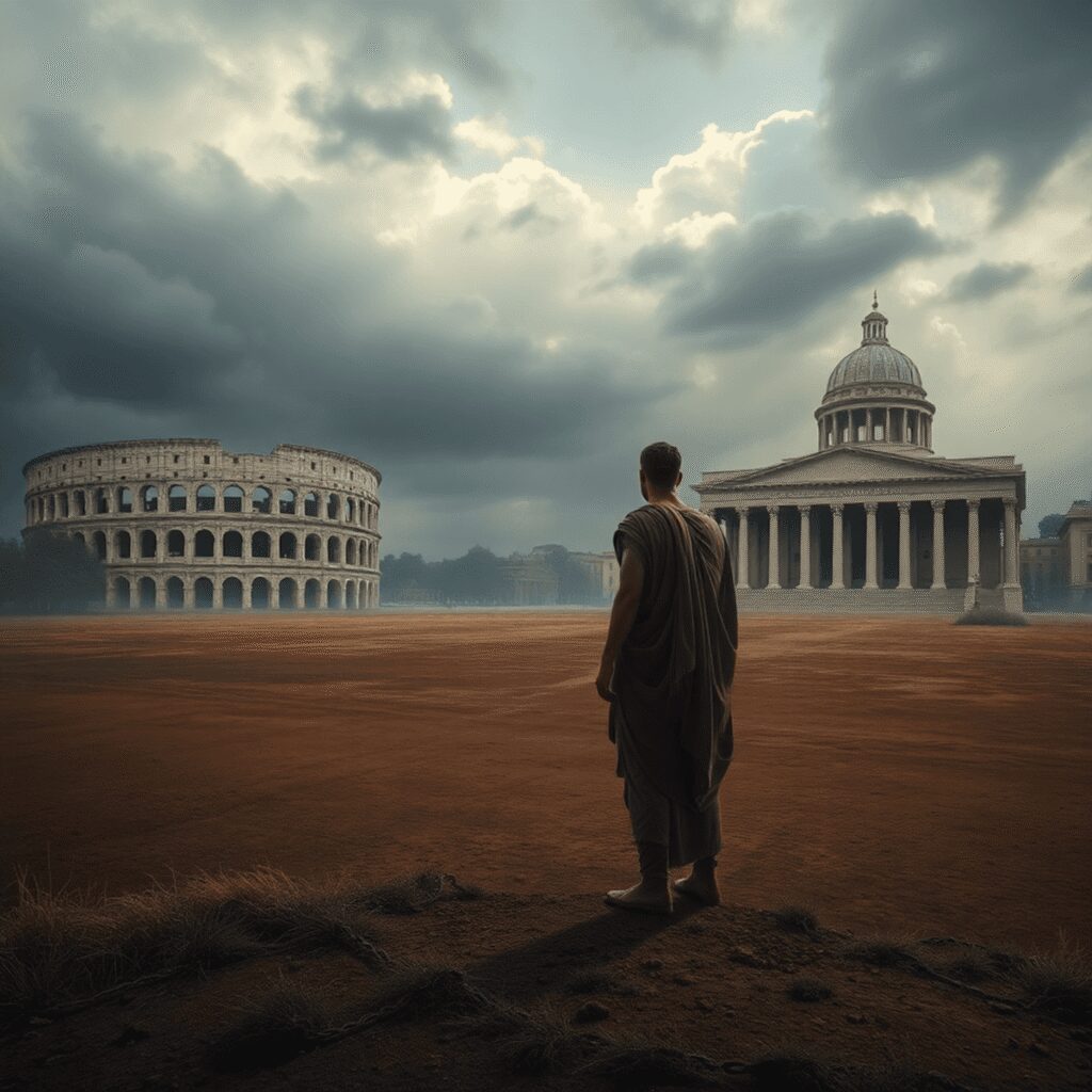 Roman Political Exiles: Stories of Survival and Comeback A lone figure in Roman attire stands by a vast landscape with the Colosseum and Senate building under a moody sky, surrounded by laurel wreaths and...