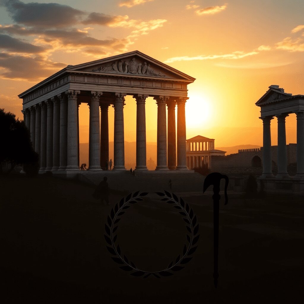 Religious Authority and Political Power: The Pontifex Maximus Ancient Roman temple with grand columns at sunrise, laurel wreaths and ceremonial staffs in foreground, set against Roman Forum ruins.