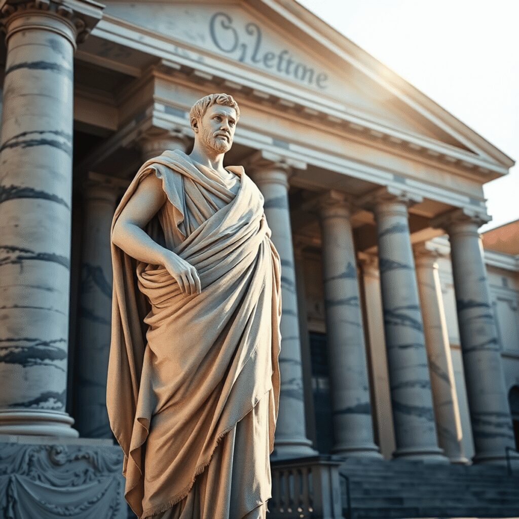 From Republic to Empire: The Changing Role of Roman Lawmakers Marble statue of a Roman senator in toga before grand columns, bathed in soft sunlight, capturing the essence of ancient political life.