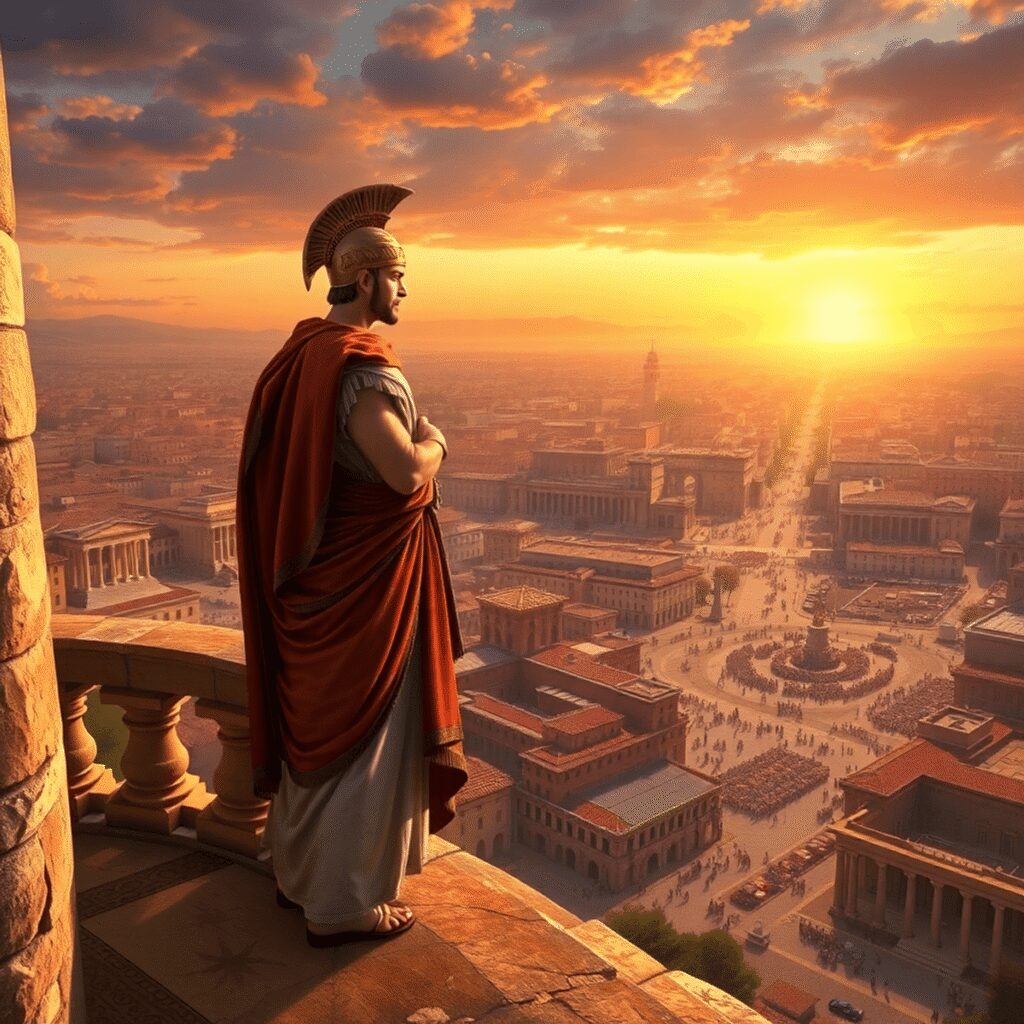 Roman Governors: Corruption, Reform, and Provincial Power Plays Roman governor in toga stands on stone balcony overlooking ancient city with temples, aqueducts, and markets at sunset, conveying power and respons...
