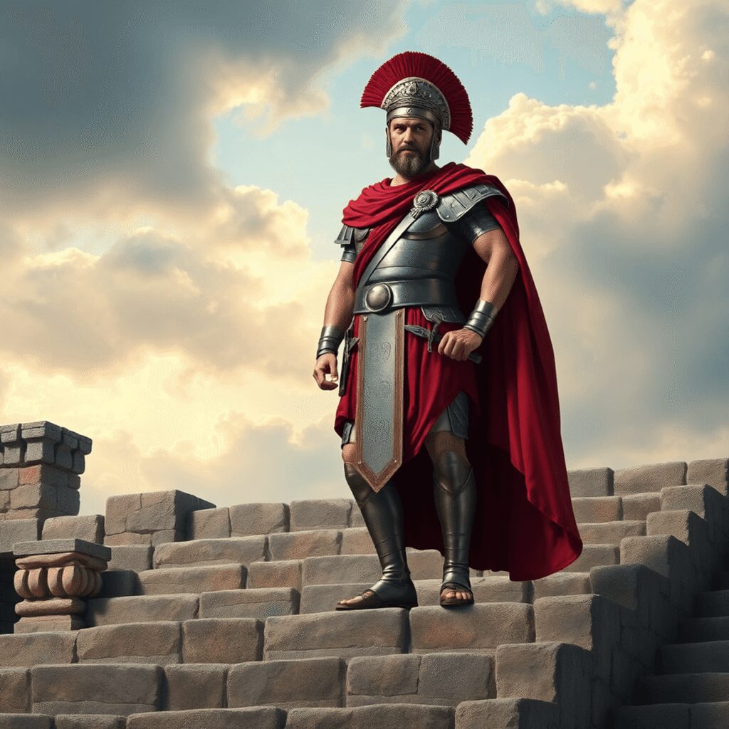 Roman soldier-emperor in armor and red cloak stands on ancient stone steps with crossed swords and laurel wreaths under a dramatic sky.