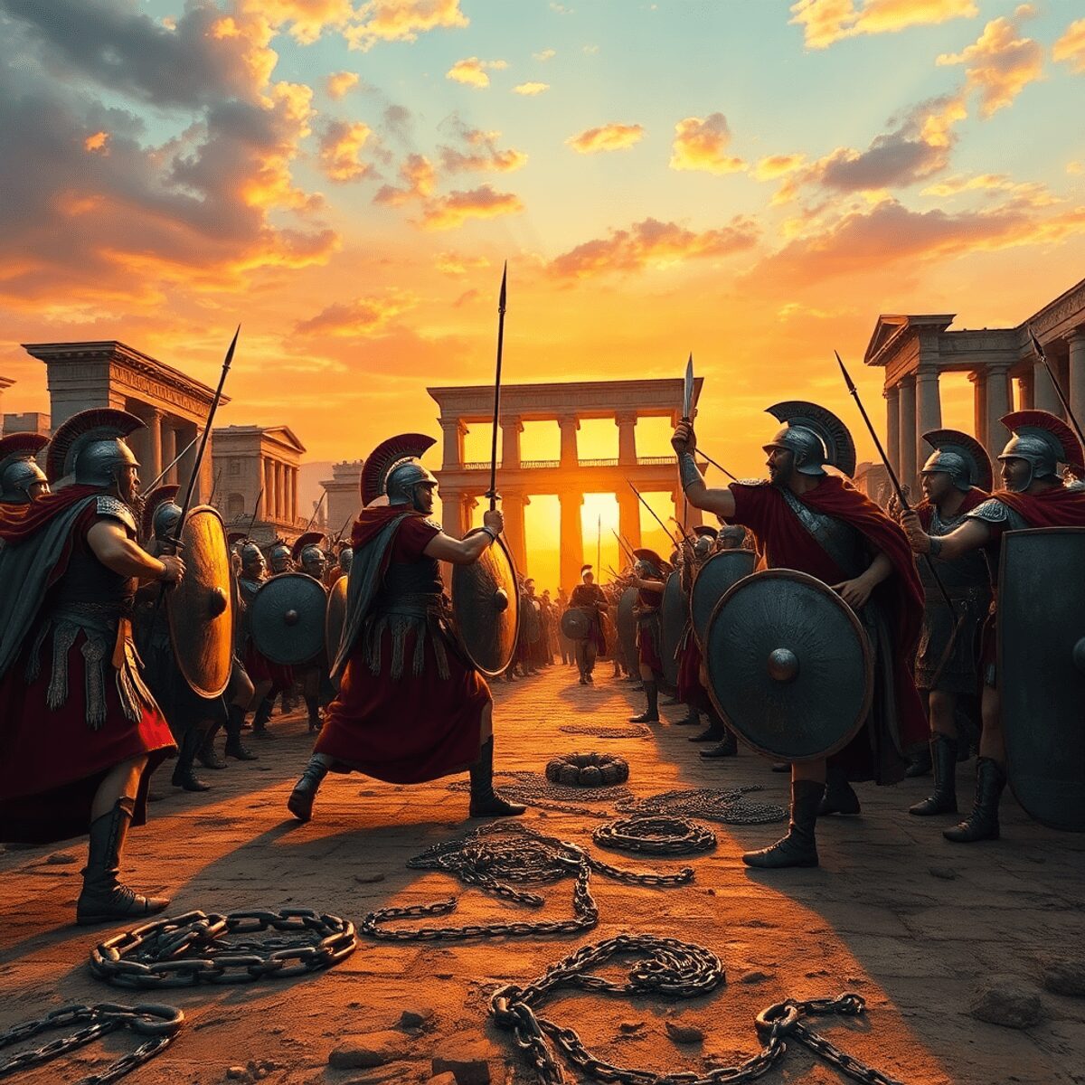 Roman soldiers in armor battle at sunset near arches and columns, with laurel wreaths and broken chains symbolizing power and conflict.